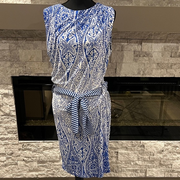 MNG by Mango Blue and White Midi Dress with Belt size XL - Picture 1 of 15